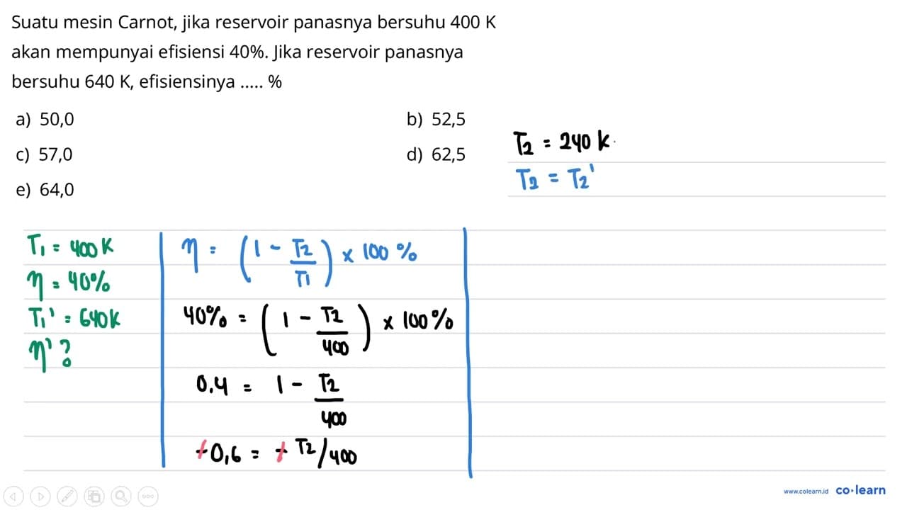 Suatu mesin Carnot, jika reservoir panasnya bersuhu 400 K
