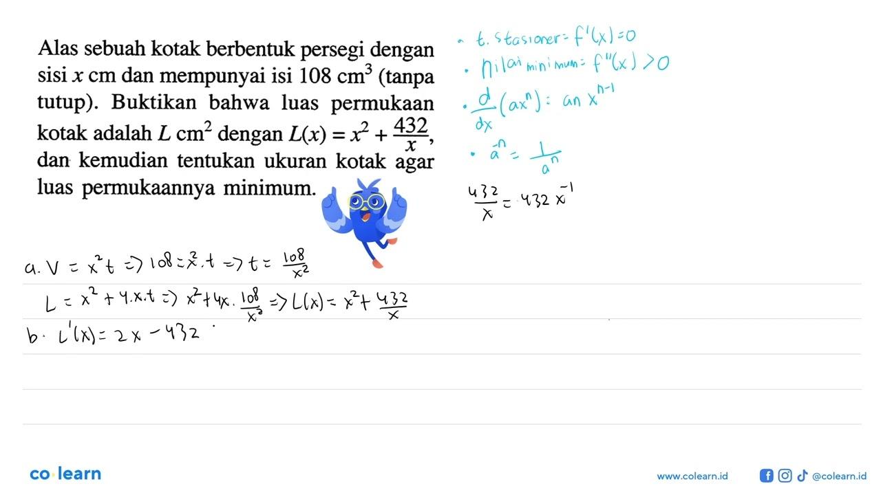 Alas sebuah kotak berbentuk persegi dengan sisi x cm dan