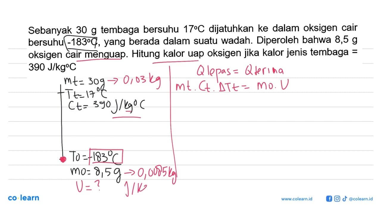 Sebanyak 30 g tembaga bersuhu 17 C dijatuhkan ke dalam