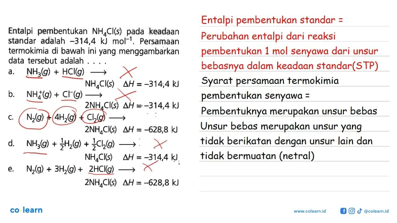 Entalpi pembentukan NH4 Cl(s) pada keadaan standar adalah