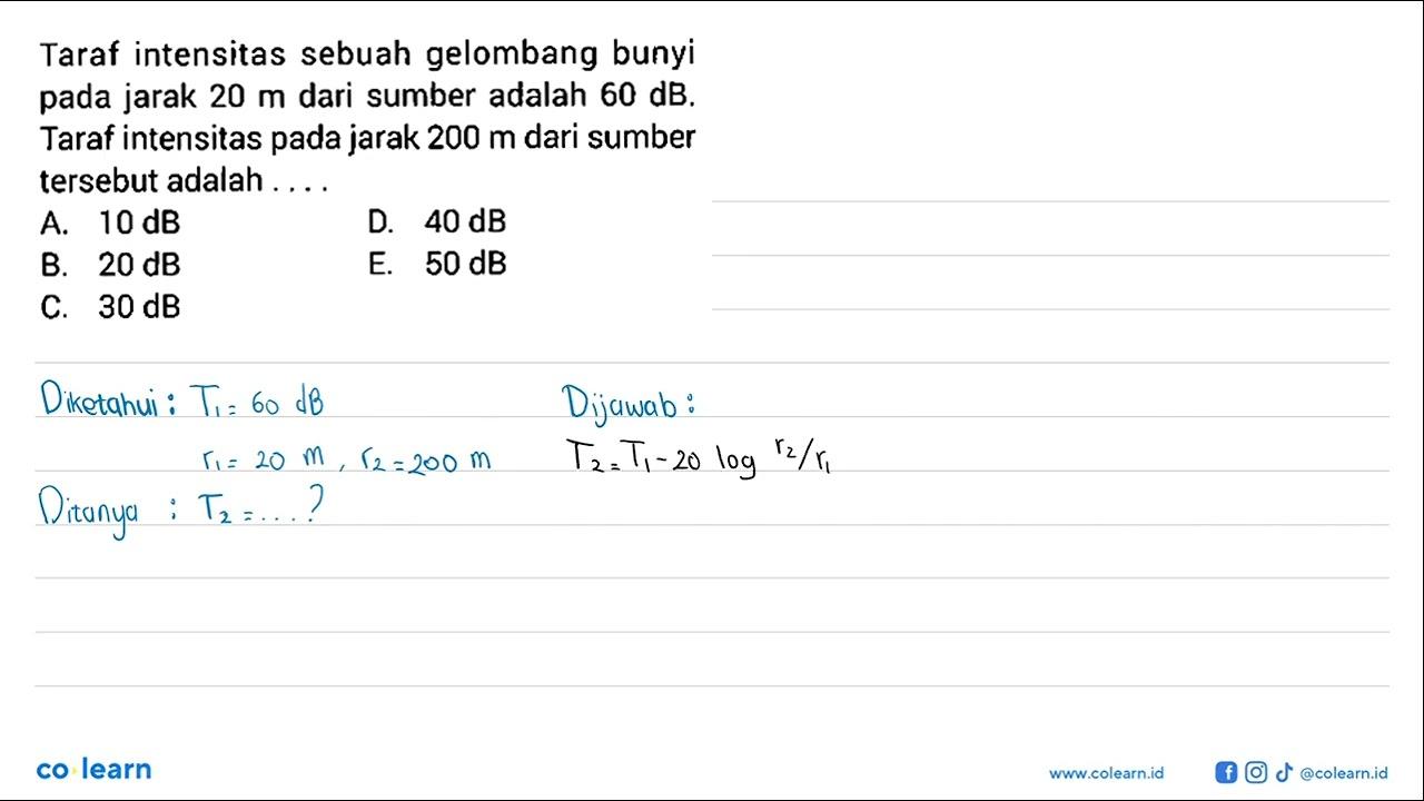 Taraf intensitas sebuah gelombang bunyi pada jarak 20 m