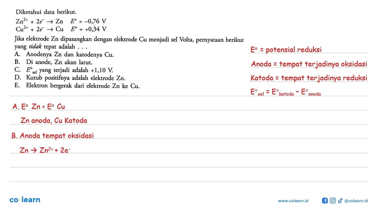Diketahui data berikut.Zn^(2+) + 2e^- -> Zn E=-0,76 V