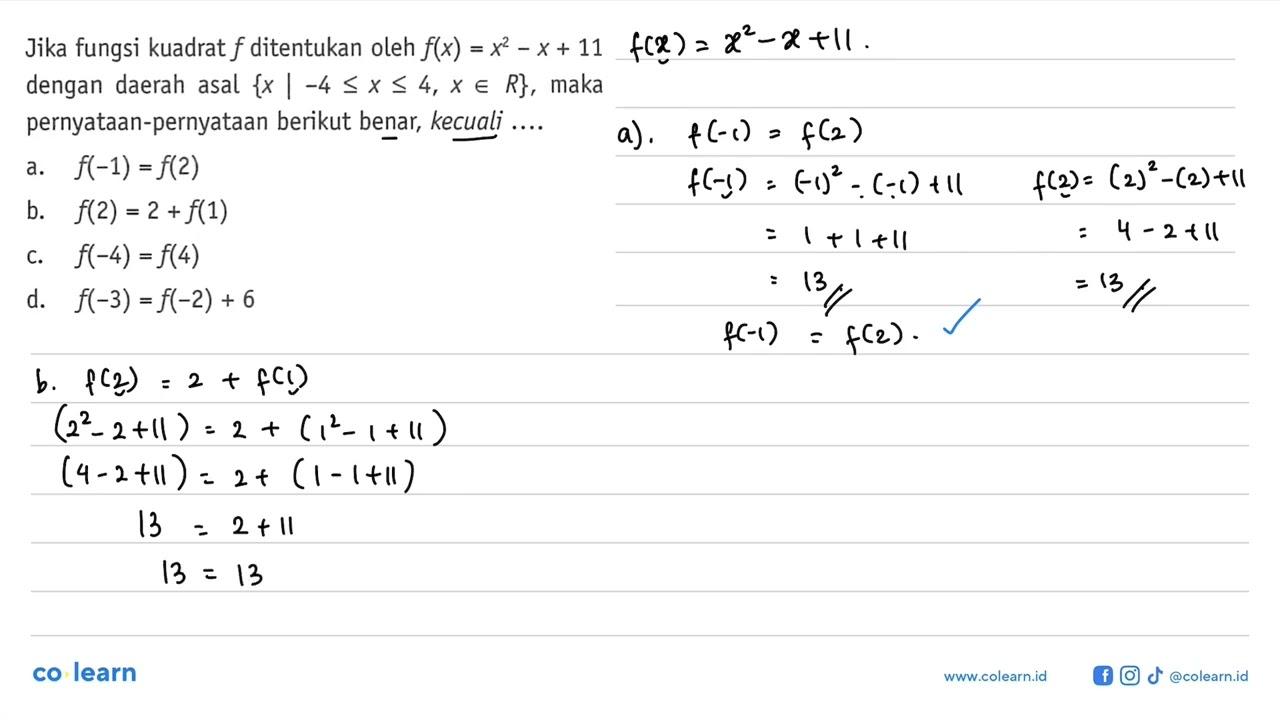 Jika fungsi kuadrat f ditentukan oleh f(x) = x^2 - x + 11