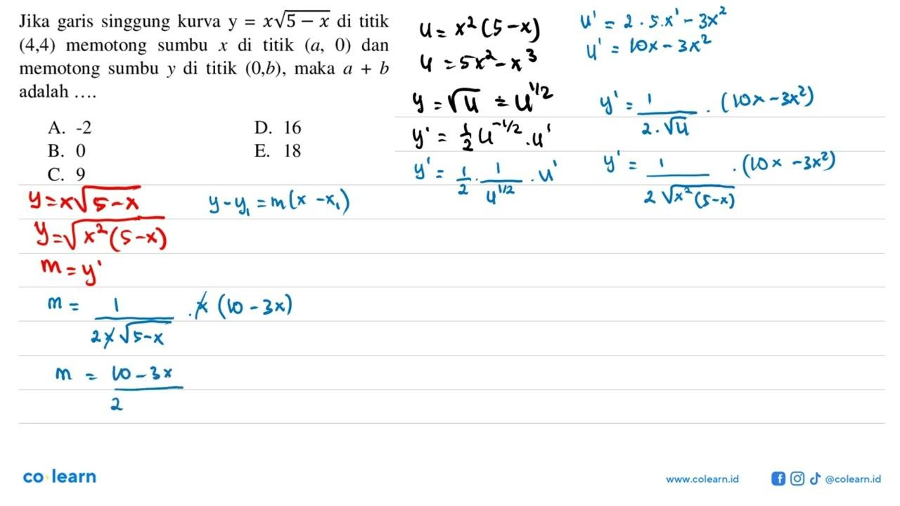 Jika garis singgung kurva y=x akar(5-x) di titik (4,4)