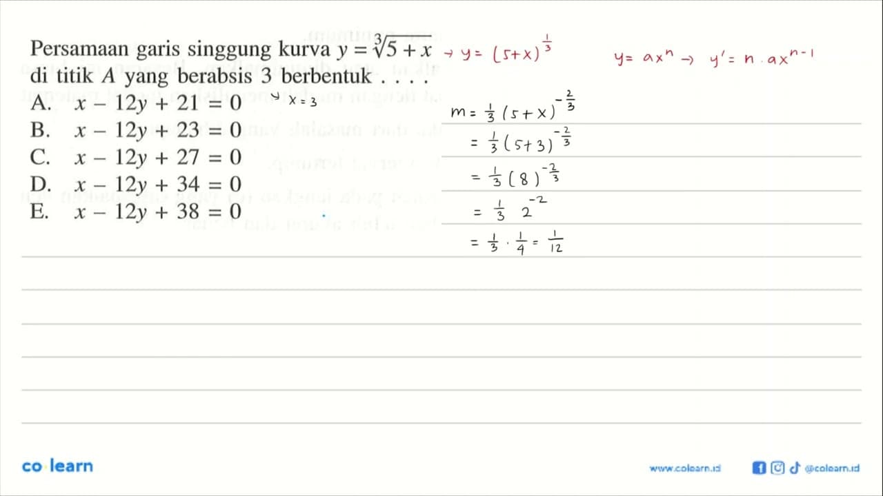 Persamaan garis singgung kurva y=(5+x)^(1/3) di titik A