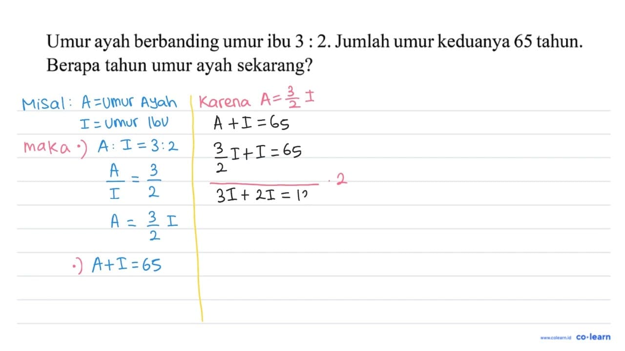 Umur ayah berbanding umur ibu 3: 2 . Jumlah umur keduanya