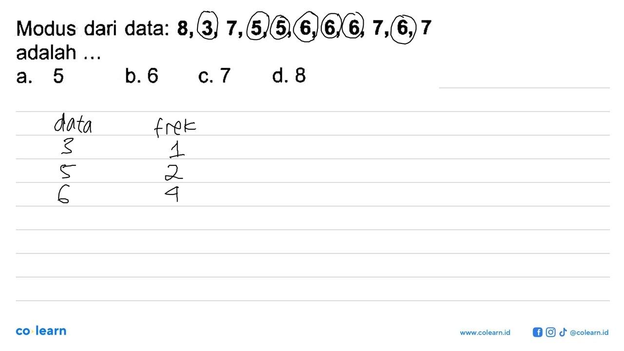 Modus dari data: 8,3,7,5,5,6,6,6,7,6,7 adalah ...