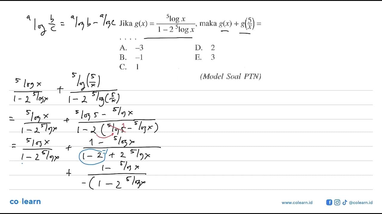 Jika g(x)= (5log x)/(1- 2 5log x), maka g(x)+g(5/x)= . . .