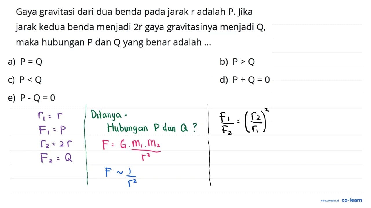 Gaya gravitasi dari dua benda pada jarak r adalah P. Jika