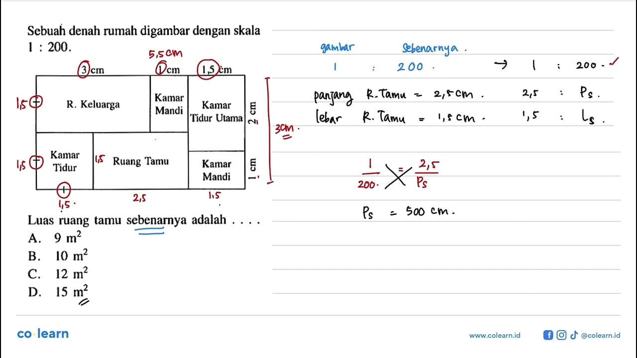 Sebuah denah rumah digambar dengan skala 1: 200. 3 cm 1 cm