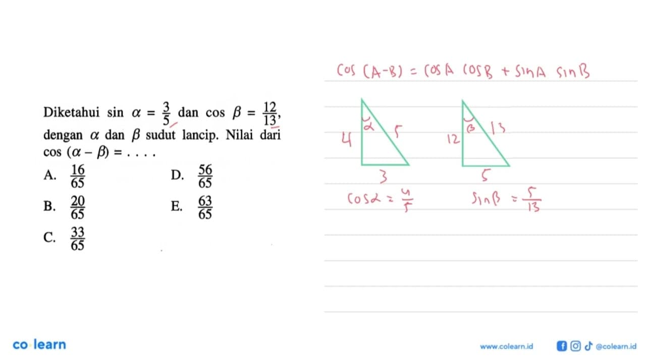 Diketahui sin a=3/5 dan cos b=12/13, dengan a dan b sudut