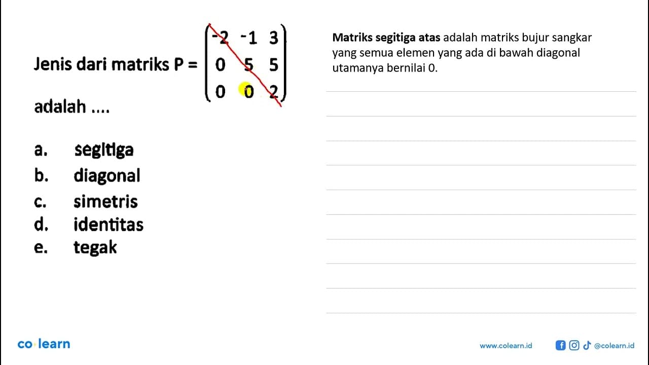 Jenis dari matriks P=(-2 -1 3 0 5 5 0 0 2) adalah ....