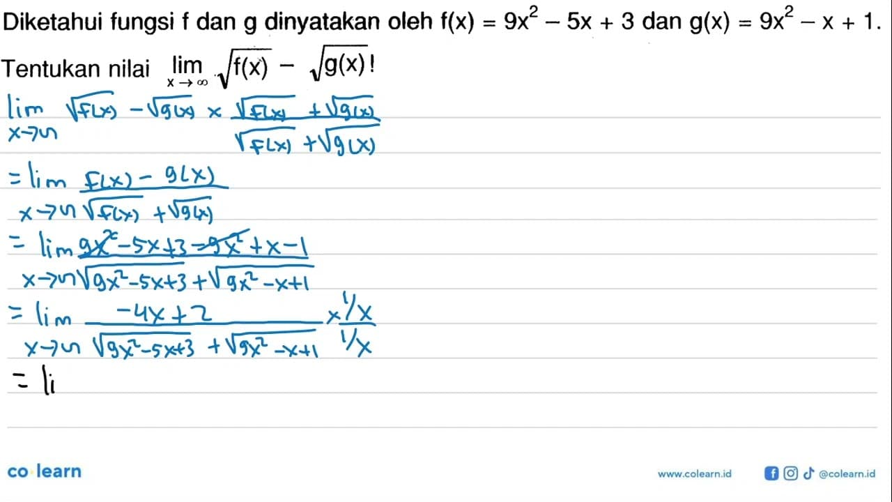 Diketahui fungsi f dan g dinyatakan oleh f(x)=9 x^2-5x+3