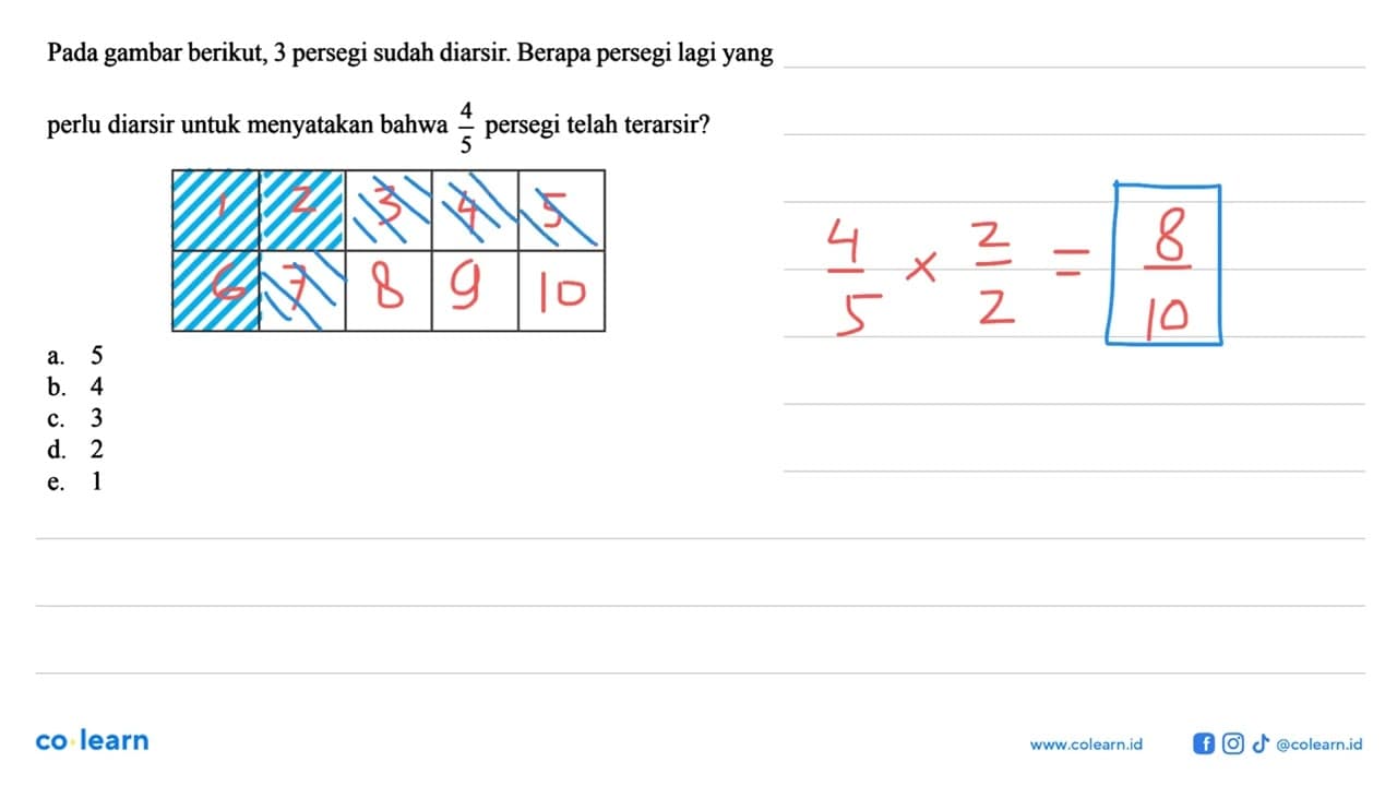 Pada gambar berikut, 3 persegi sudah diarsir. Berapa