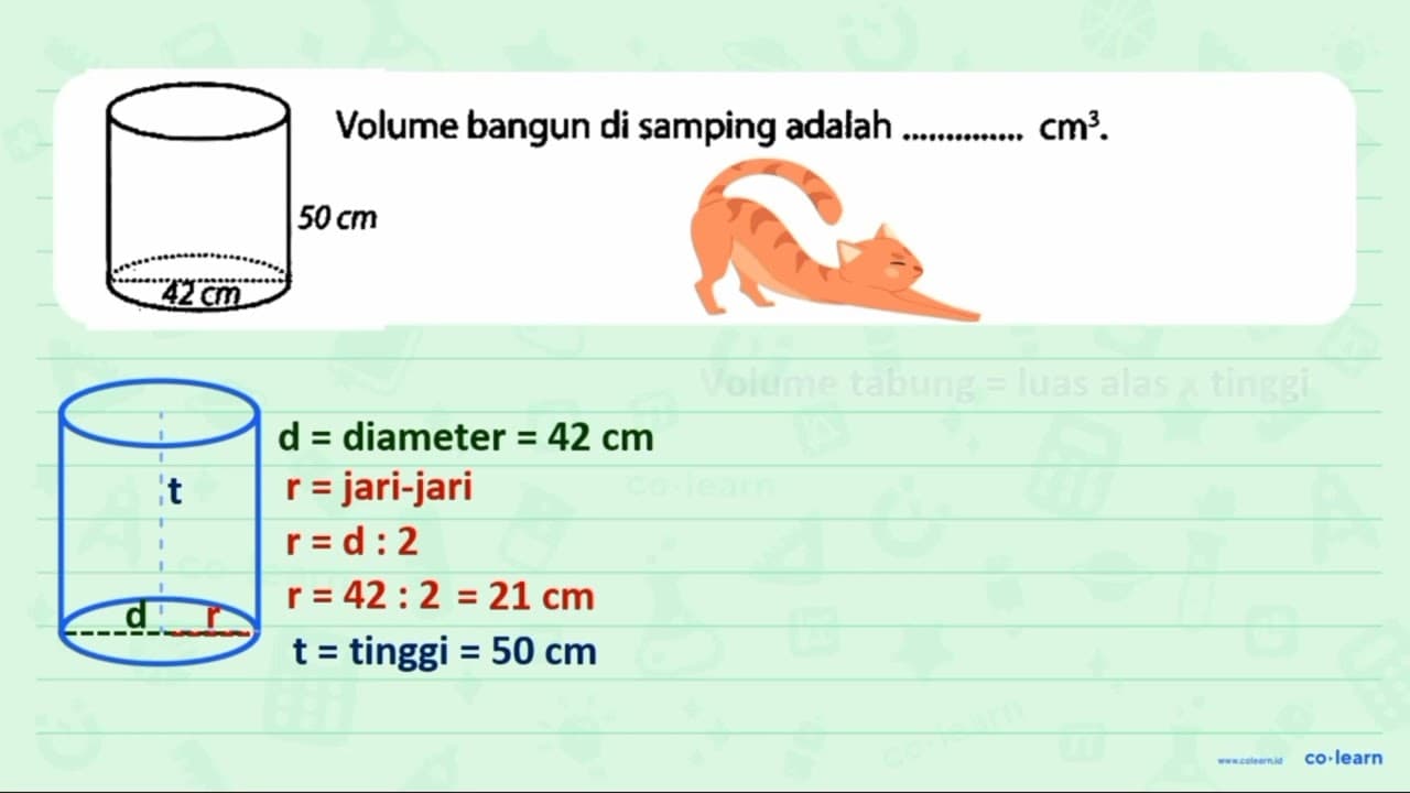 50 cm Volume bangun di samping adalah cm^(3)