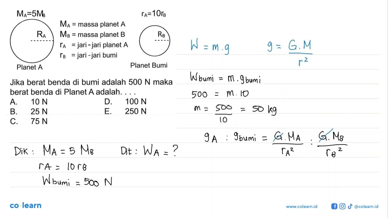 MA=massa planet A MB=massa planet B rA= jari-jari planet A