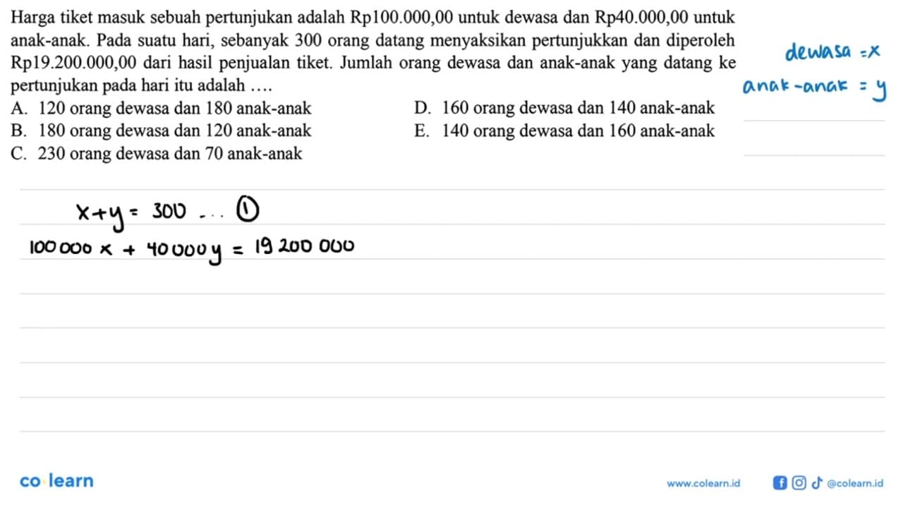 Harga tiket masuk sebuah pertunjukan adalah Rp100.000,00