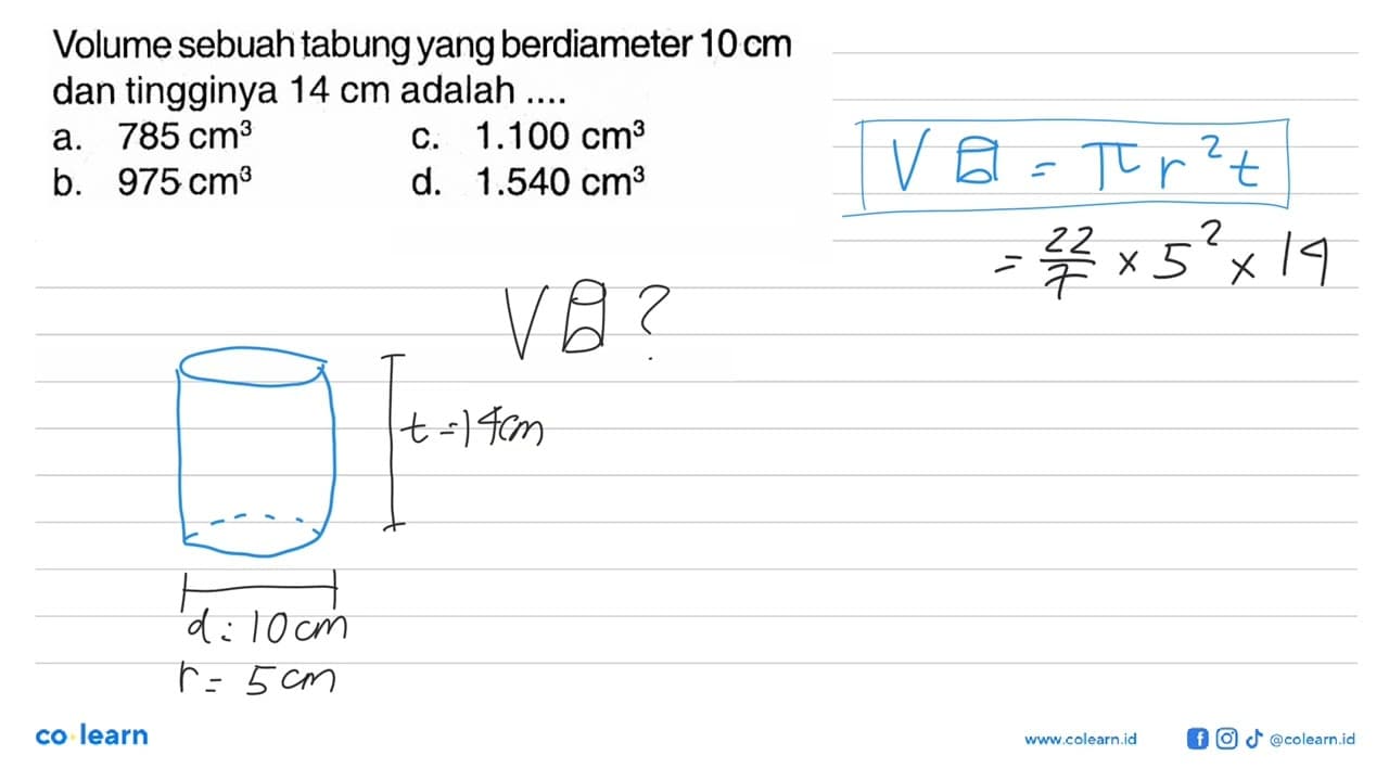 Volume sebuah tabung yang berdiameter 10cm dan tingginya