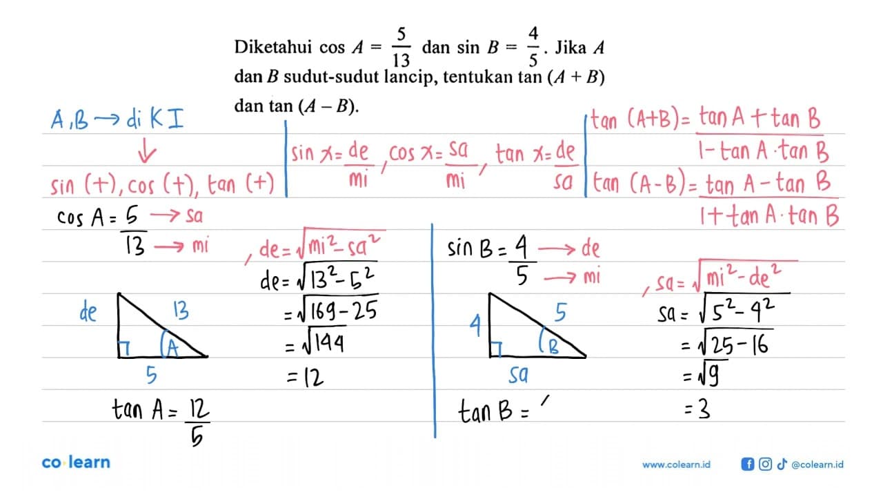 Diketahui cos A =5|13 dan sin B =4|5. Jika A = dan B