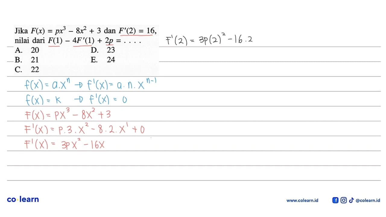 Jika F(x)=px^3-8x^2+3 dan F'(2)=16 nilai dari F(1)-4