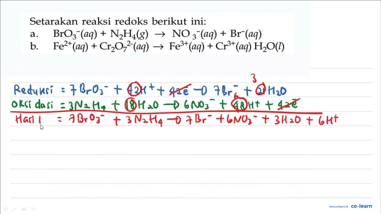 Setarakan reaksi redoks berikut ini: a. BrO3^-(aq)+N2 H4(g)