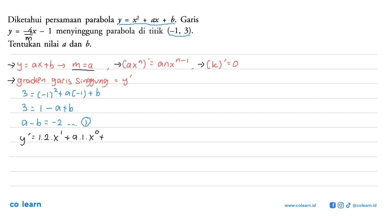 Diketahui persamaan parabola y=x^2+ax+b. Garis y=-4x-1