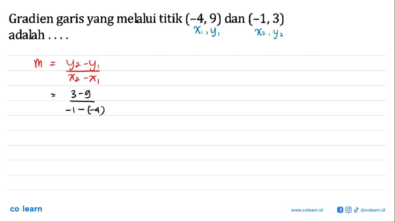 Gradien garis yang mellui titik (-4, 9) dan (-1,3) adalah