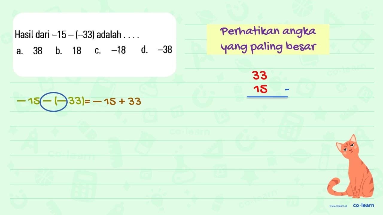 Hasil dari -15 - (-33) adalah ....