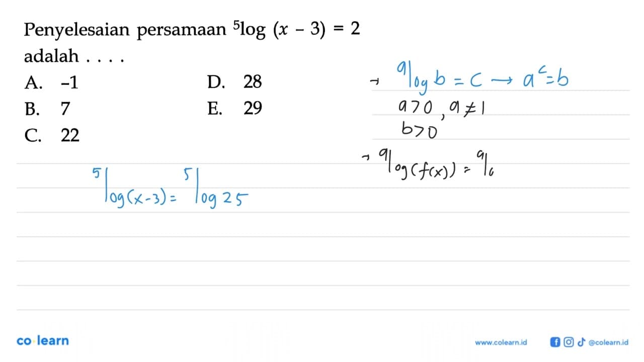 Penyelesaian persamaan 5log(x-3)=2 adalah ...