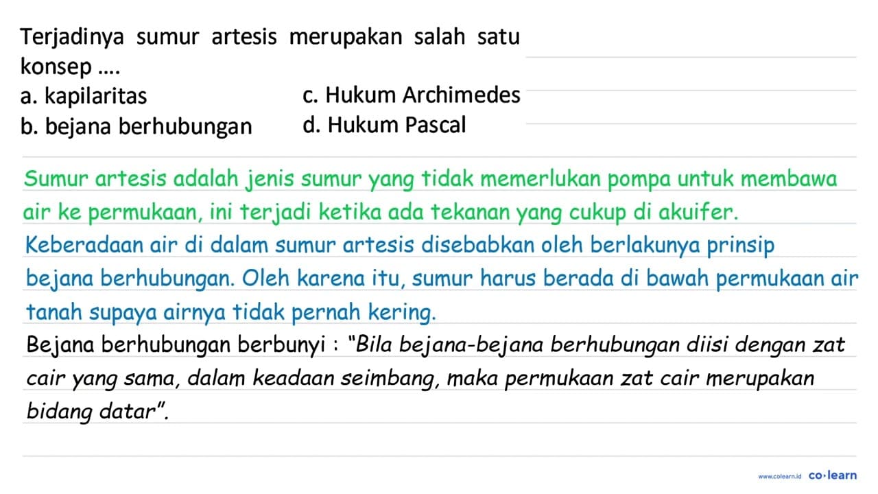 Terjadinya sumur artesis merupakan salah satu konsep ....