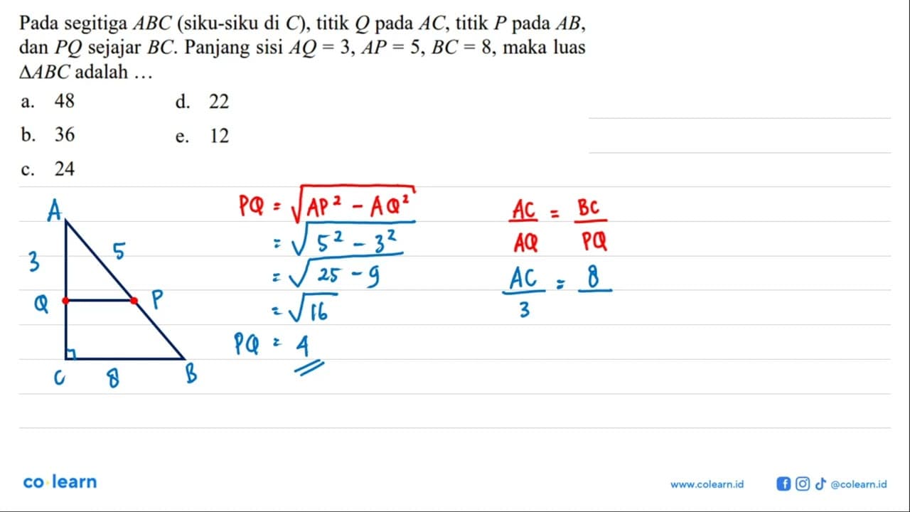 Pada segitiga ABC (siku-siku di C), titik Q pada AC, titik