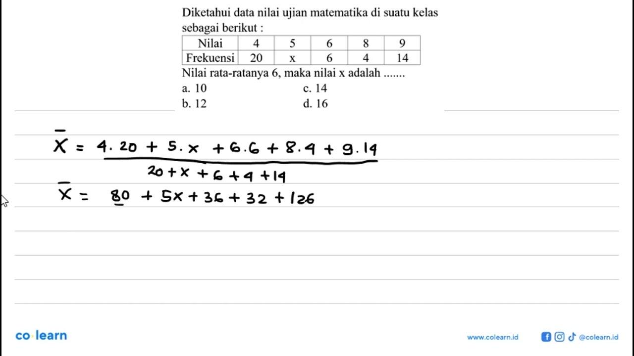 Diketahui data nilai ujian matematika di suatu kelas