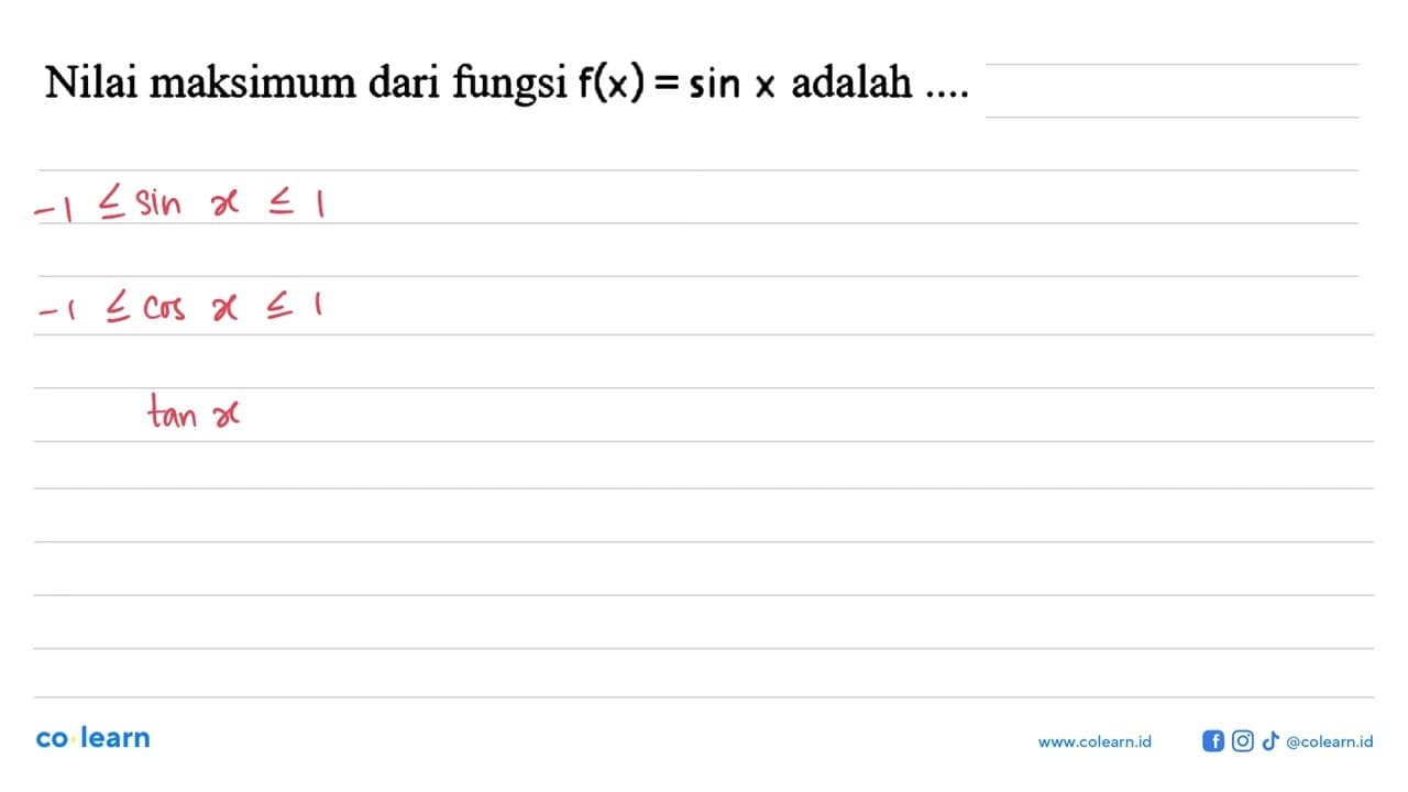 Nilai maksimum dari fungsi f(x)=sin x adalah ....