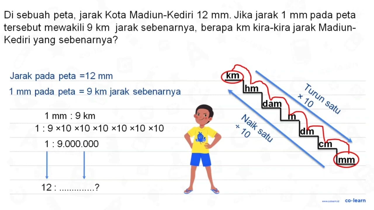 Di sebuah peta, jarak Kota Madiun-Kediri 12 mm. Jika jarak