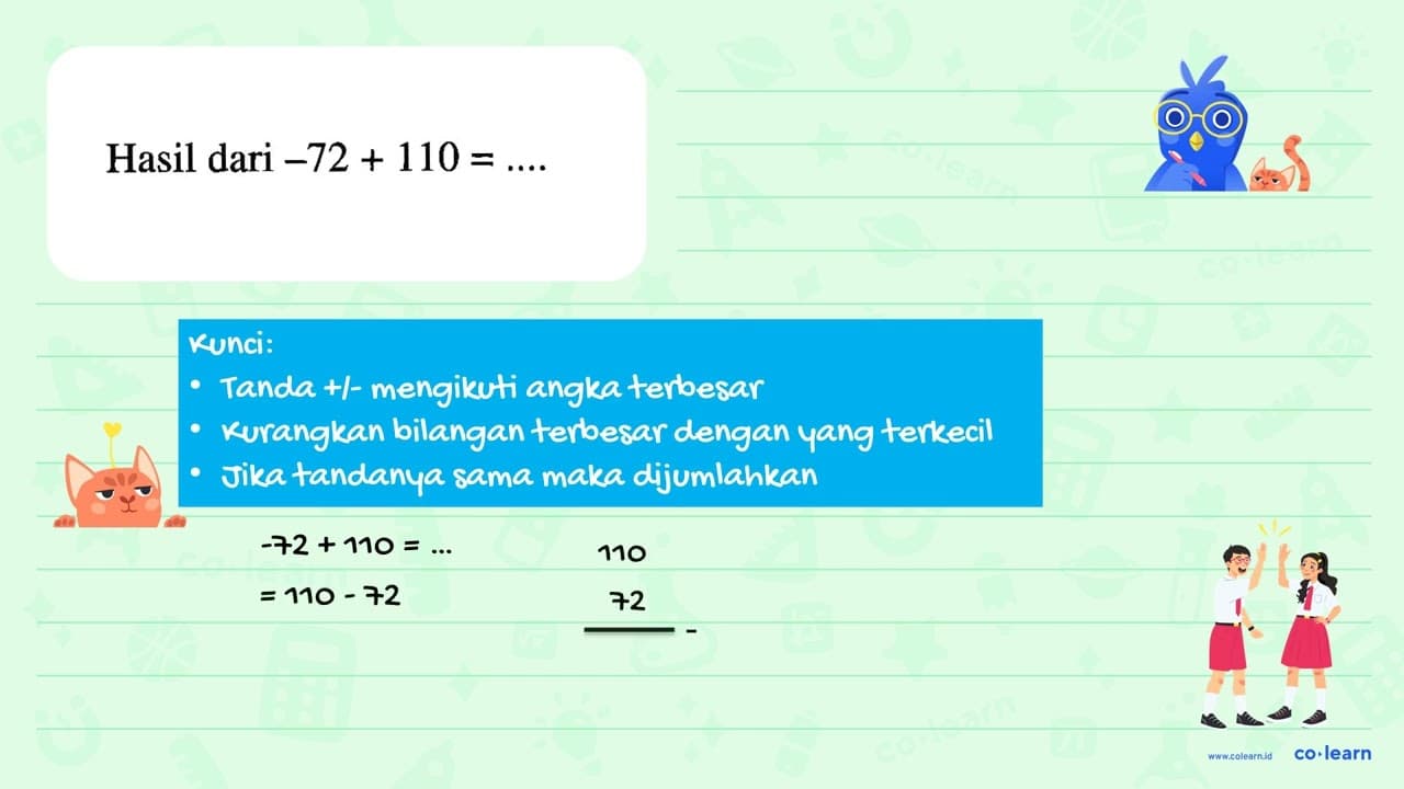 Hasil dari -72 + 110 = ....