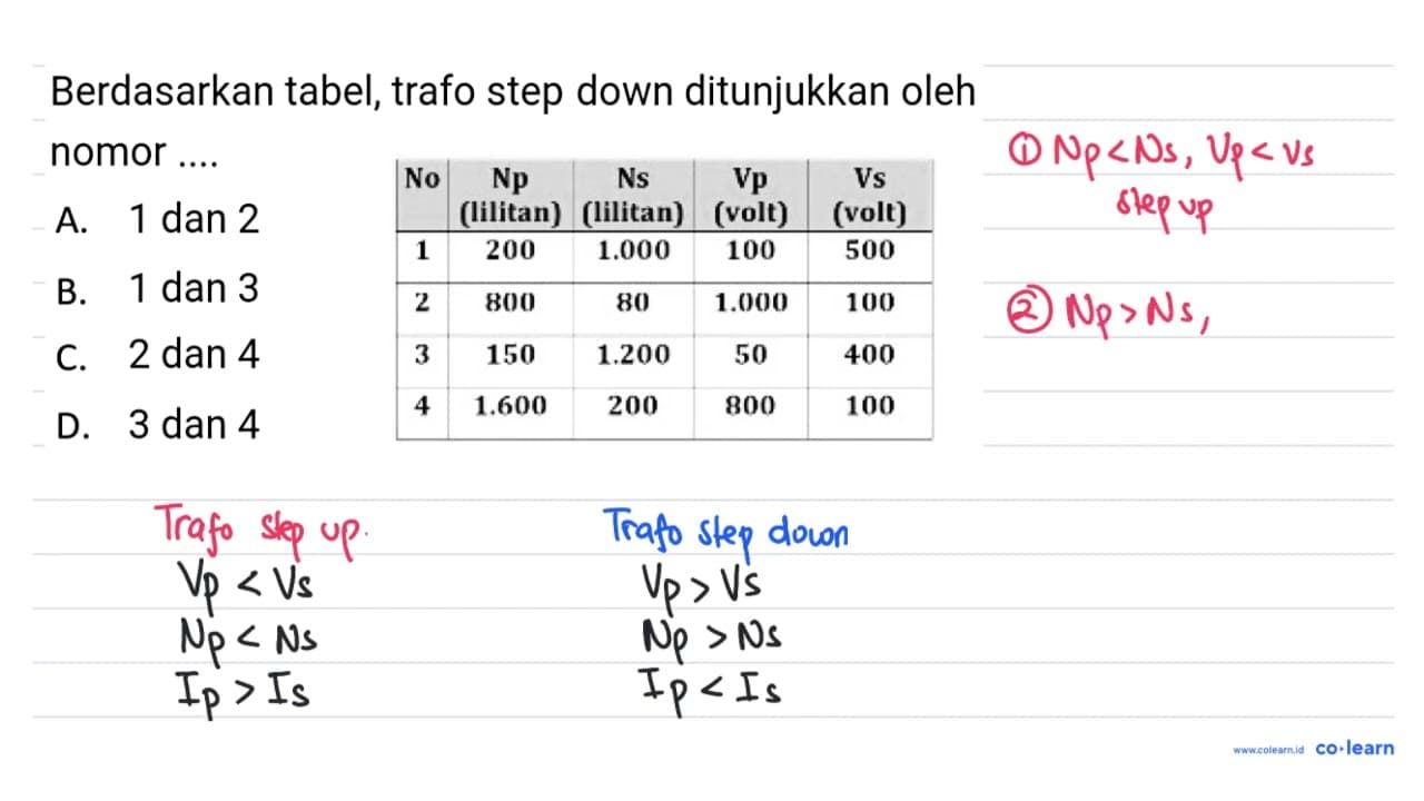 Berdasarkan tabel, trafo step down ditunjukkan oleh nomor