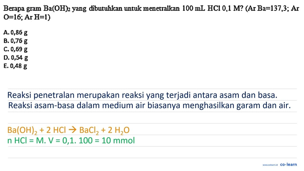 Berapa gram Ba(OH)2 yang dibutuhkan untuk menetralkan 100