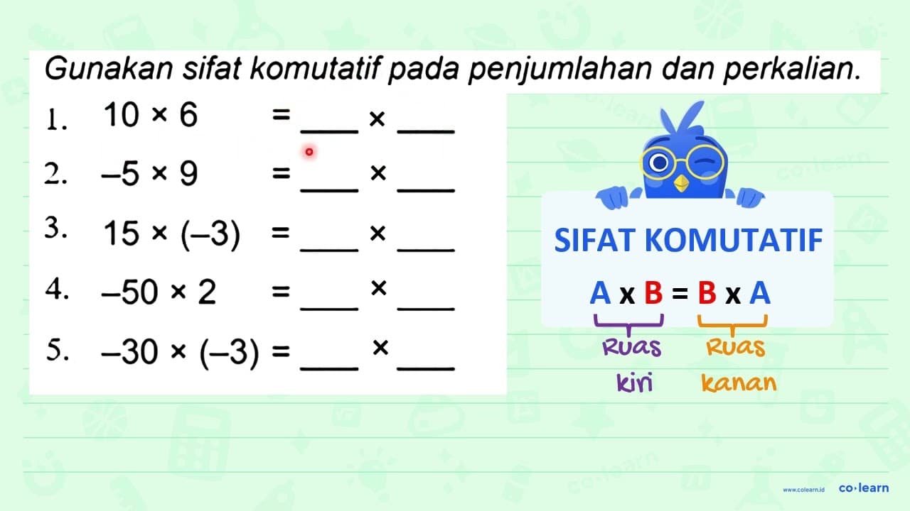 1. 10 x 6 = ... + ... 2. -5 x 9 = ... + ... 3. 15 x (-3) =