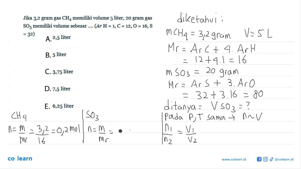 Jika 3,2 gram gas CH4 memiliki volume 5 liter, 20 gram gas