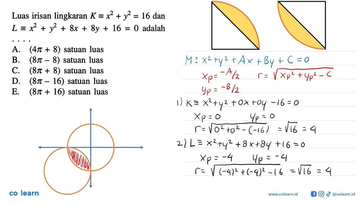 Luas irisan lingkaran K ekuivalen x^2+y^2=16 dan L