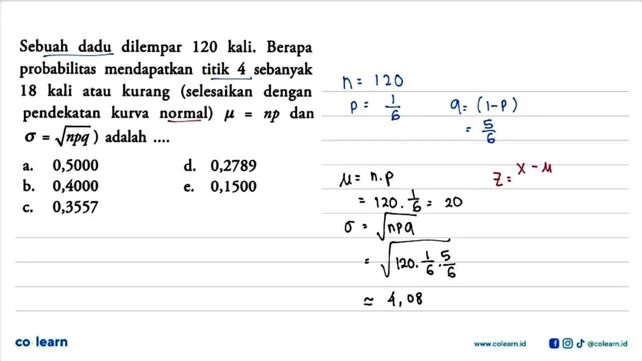 Sebuah dadu dilempar 120 kali. Berapa probabilitas