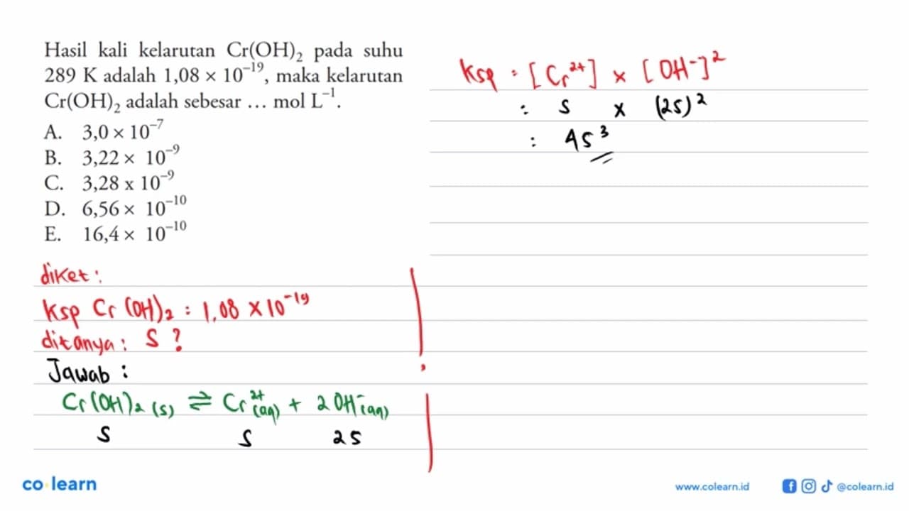 Hasil kali kelarutan Cr(OH)2 pada suhu 289 K adalah 1,08 x