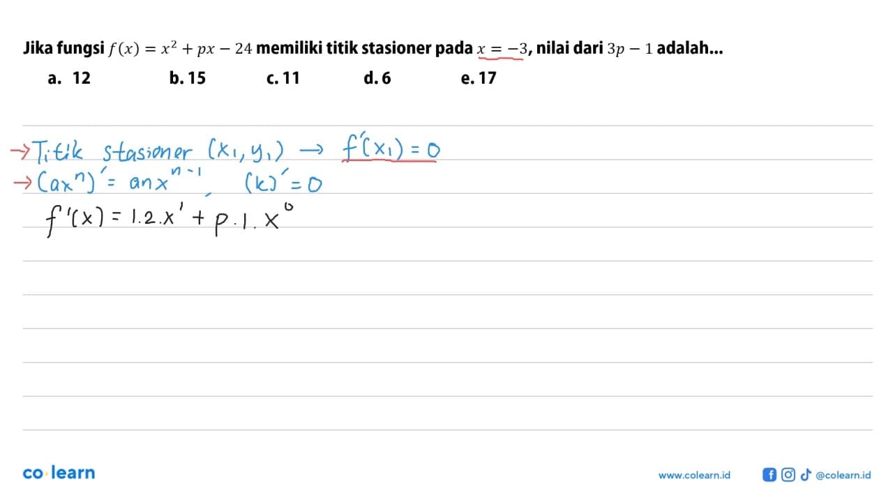 Jika fungsi f(x)=x^2+px-24 memiliki titik stasioner pada