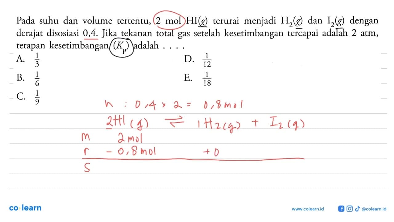 Pada suhu dan volume tertentu, 2 mol HI (g) terurai menjadi