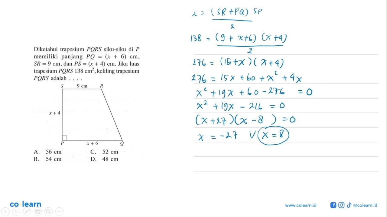 Diketahui trapesium PQRS siku-siku di P memiliki panjang