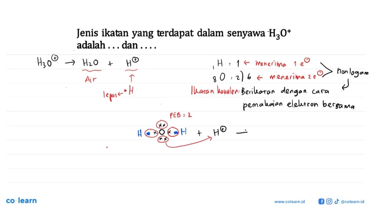 Jenis ikatan yang terdapat dalam senyawa H3O^+ adalah ...