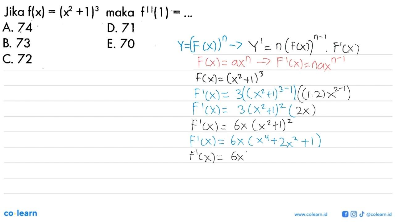 Jika f(x)=(x^2+1)^3 maka f''(1)=...