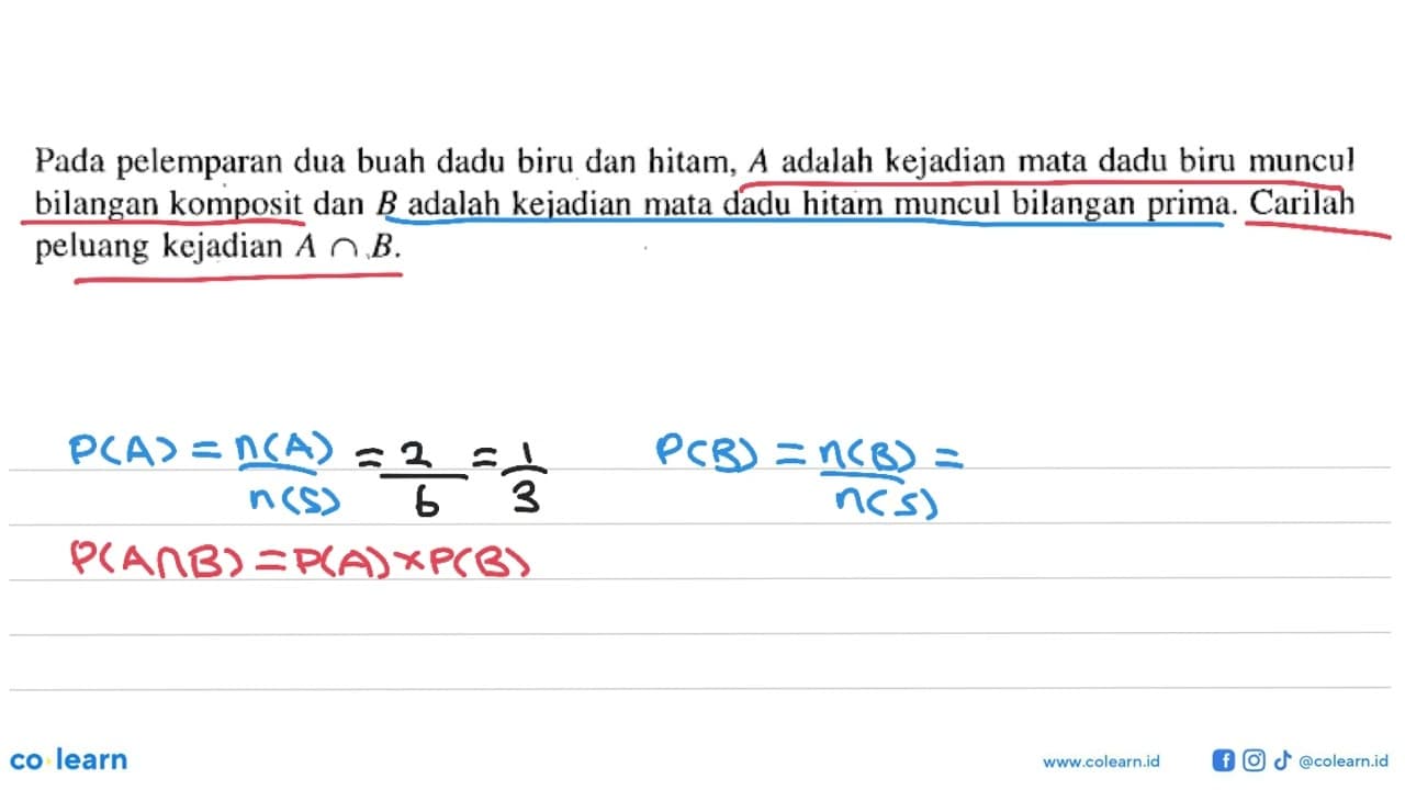 Pada pelemparan dua buah dadu biru dan hitam, A adalah