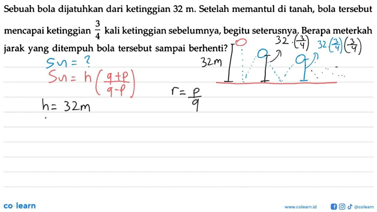 Sebuah bola dijatuhkan dari ketinggian 32 m. Setelah