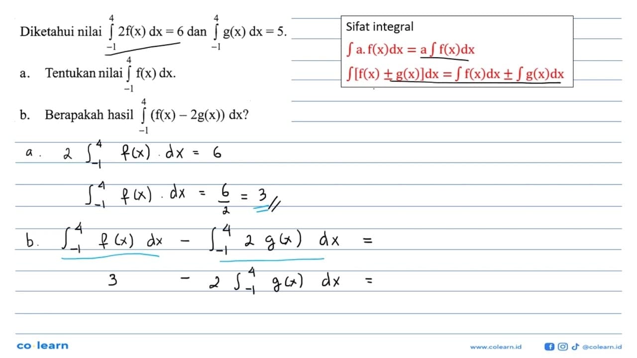 Diketahui nilai integral -1 4 2f(x) dx=6 dan integral -1 4